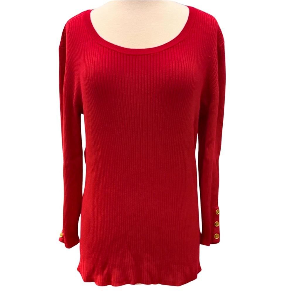 Lane Bryant Red Ribbed 3/4 Button Sleeve Scoop Neck Pullover Sweater Plus